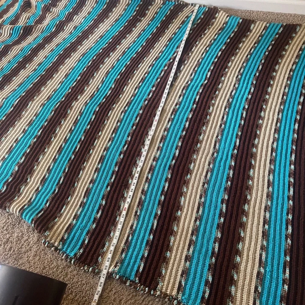 Handmade Crochet Striped Throw Blanket Brown Turquoise Tan Boho Afghan 109